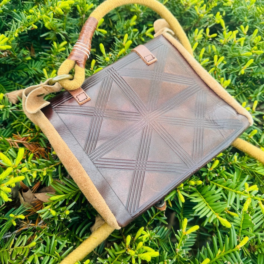 Brown Embossed Leather Crossbody Bag with Brass Accents - Picture 2 of 12